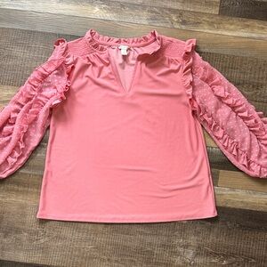 Ruffled Pink Dot-Sleeve Blouse with Smocked Shoulders